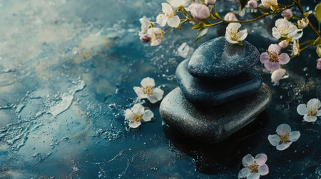 A top-down shot of stacked spa stones and fragrant flowers, creating a peaceful and harmonious ambiance.の素材