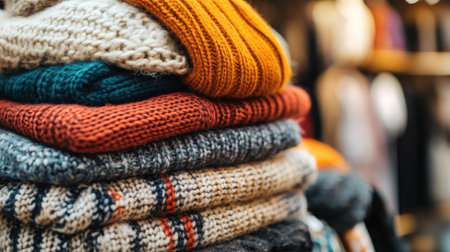 A stack of jackets, scarves, and hats layered together in a winter-themed store display, ready for cold weather.の素材