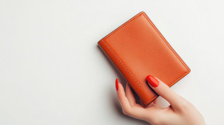 A stylish woman's hand with a red manicure gripping a trendy, leather wallet, placed on a clean white background.の素材
