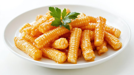 A simple plate of fresh baby corn with a few green leaves for garnish, isolated on white.の素材