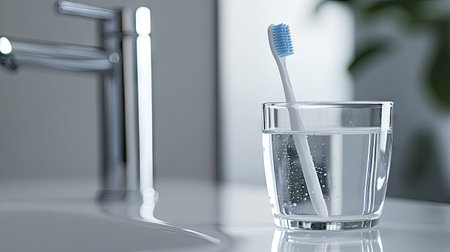 A toothbrush and clear glass of water in a modern bathroom setting, isolated against a plain background.の素材
