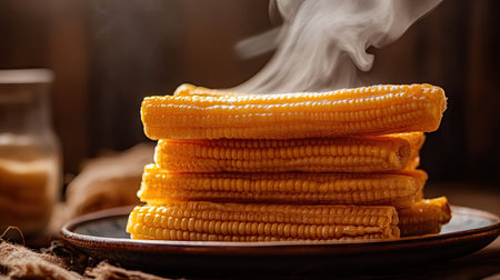 A stack of fresh baby corn on a plate with gentle steam rising, emphasizing warmth and freshness.の素材