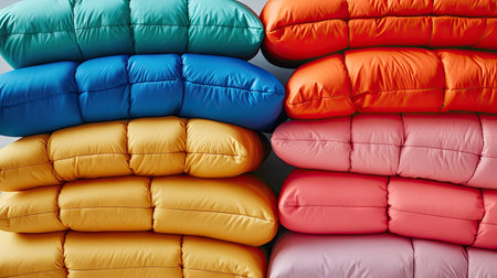 A stack of puffer jackets and insulated coats in bright winter colors, ready for sale in a fashion store.の素材