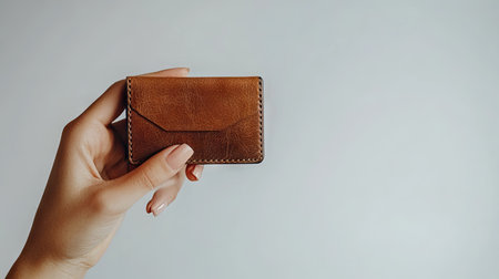 A female hand with well-kept nails gently holding a leather wallet, standing out against a pure white background.の素材