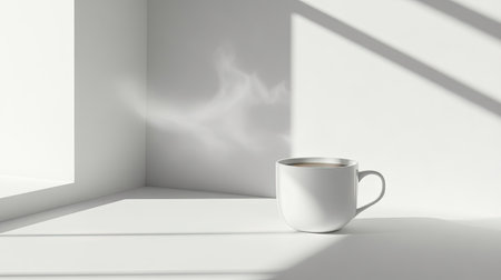 A steaming coffee cup on a white surface, with the steam rising in soft wisps against the bright background.の素材