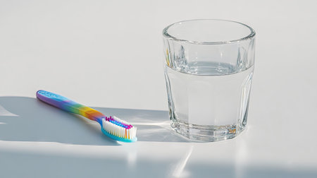 A side-angle shot of a colorful toothbrush resting beside a filled glass of water on a white surface.の素材