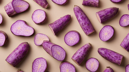 A top-down view of whole and sliced purple sweet yam, arranged artistically on a neutral background.の素材