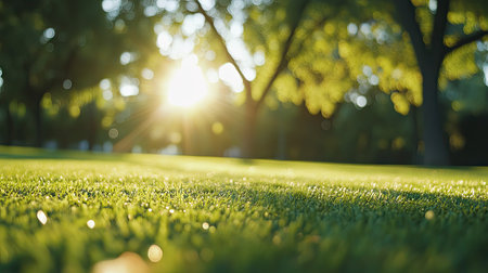 A vibrant green grass floor in a park, with trees and sunlight filtering through, creating a refreshing outdoor vibeの素材
