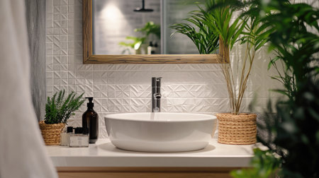 A stylish bathroom with a white sink, framed mirror, and decorative tiles creating an elegant and bright atmosphereの素材