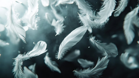 Slow-motion effect of white feathers scattering and drifting against a dark studio background.の素材