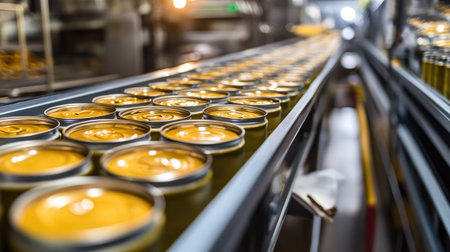 Rows of canned food products awaiting quality control in a clean, sterile food production facility.の素材