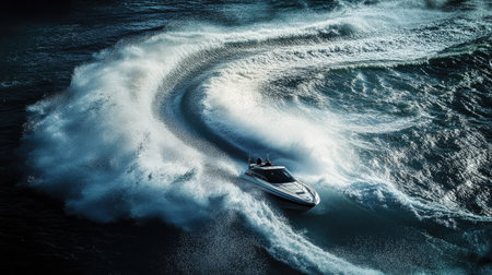 A speedboat making a sharp turn, leaving behind a dramatic arc of churning white water.の素材