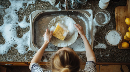 A top view of a woman cleaning a dirty plate with a sponge, with soapy water surrounding the plate and a clean kitchen counterの素材