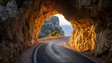A rough road winding through a rocky tunnel, illuminated by a beam of light at the tunnel's exit.の素材