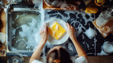 A woman scrubbing a dirty plate with a yellow sponge, captured from above, with soapy water and kitchen tools in the backgroundの素材