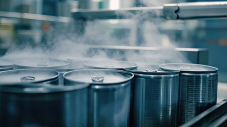 Metal cans being sterilized with steam before packaging in a hygienic food factory environment.の素材