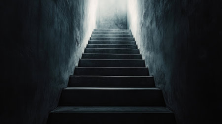 A dramatic low-angle view of a staircase stretching into a shadowy void, creating a sense of unease.の素材