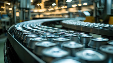 Rows of aluminum cans neatly arranged on a conveyor belt, ready for filling in a high-tech food processing plant.の素材