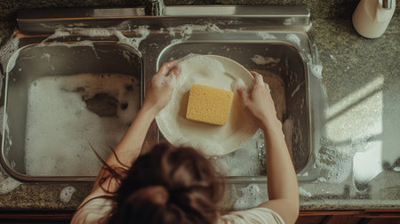 A woman washing a dirty plate with a sponge, seen from above, with a kitchen counter and dish soap in the backgroundの素材