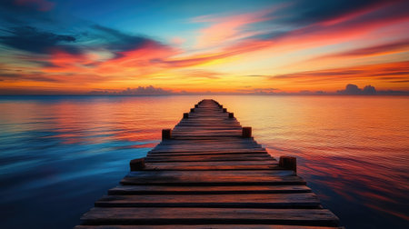 A beautiful wooden pier stretching out into the sea, with colorful sunset hues casting their glow over the water.の素材