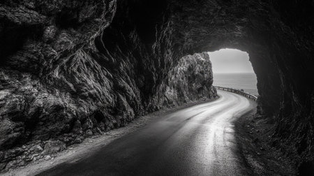 A rough road winding through a rocky tunnel, illuminated by a beam of light at the tunnel's exit.の素材