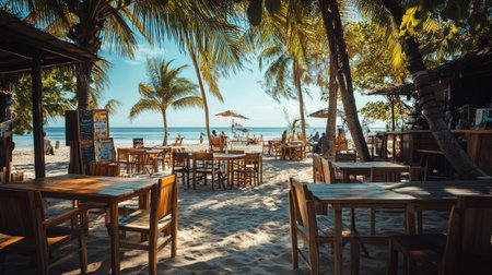 A cozy beachside caf with rustic wooden tables and chairs, surrounded by palm trees and the gentle ocean breeze.の素材