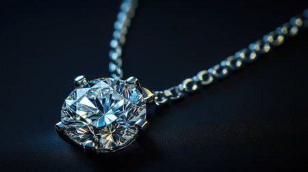 A premium cut diamond pendant necklace, glowing under soft lighting against a luxurious black backdrop.の素材