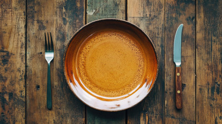 A stylish setting with a ceramic plate, fork, and knife arranged apart, featuring a clean, contemporary backgroundの素材