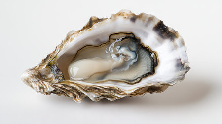 A close-up of a freshly shucked oyster, highlighting the briny liquid and soft textures of the shell, set against a white backdrop.の素材