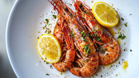 A crisp and clean food image featuring fresh shrimp with vibrant lemon slices, served on a glossy white dish.の素材
