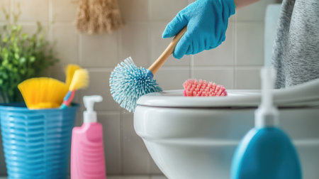 A woman wearing protective gloves cleaning the toilet bowl in a well-lit bathroom, with a focus on the toilet brush and cleaning suppliesの素材
