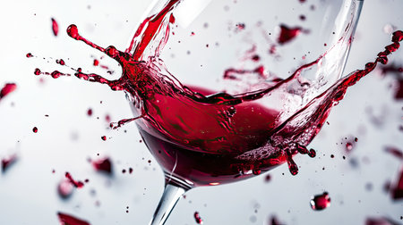 A close-up of a broken wine glass with red wine splashed onto the white surface, pieces scattered nearby.の素材