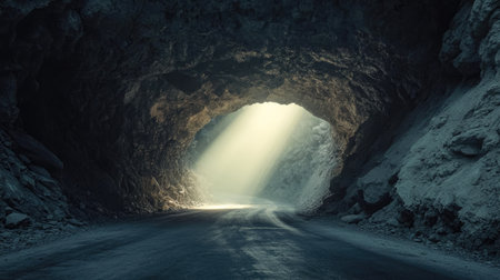 A dramatic rocky tunnel with a dark road and light streaming in from the entrance, creating a path to follow.の素材