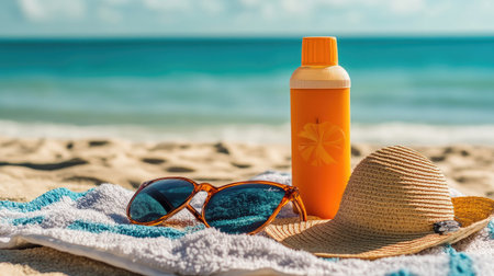 Sun protection items including a bottle of sunscreen, sunhat, and shades arranged on a towel on a warm beach dayの素材