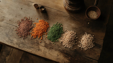 A wooden table with different types of dry legumes including beans, peas, and lentils, showcasing healthy food options for a balanced dietの素材