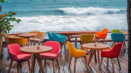 A beach caf with bright chairs and wooden tables arranged on a wooden deck, the waves crashing nearby.の素材