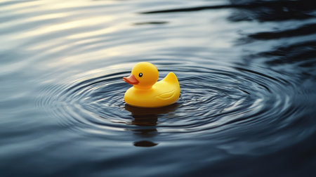A yellow rubber duck floating in the water with gentle ripples surrounding it, evoking a peaceful, serene atmosphereの素材
