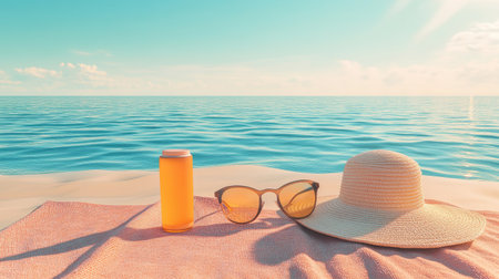 Sun protection items on a beach towel, including sunscreen, sunglasses, and a sun hat, set against the backdrop of an inviting oceanの素材