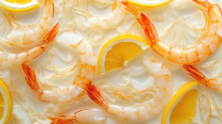 A close-up of raw shrimp with translucent shells, neatly arranged with lemon slices on a white dish.の素材