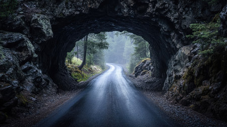 A secluded road through a rocky tunnel, lit by a faint, almost mystical light coming from the end.の素材