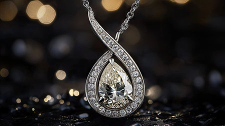 A diamond pendant necklace with a shimmering gemstone, artistically placed against a deep black setting.の素材