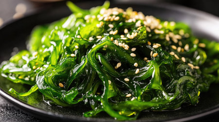 A close-up shot of wakame seaweed salad glistening with dressing, topped with sesame seeds, served on a black plate.の素材