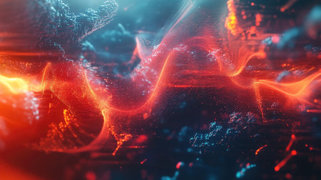 Abstract lines and glowing sound waves interacting with each other, symbolizing music and sound frequencies.の素材