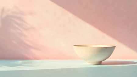 A clean and simple image of a rice bowl placed on a pastel-colored background with soft lighting.の素材