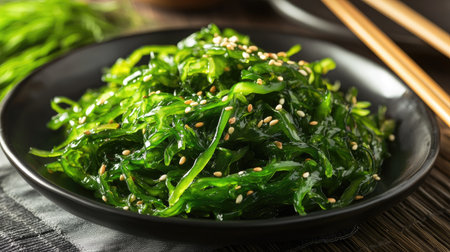 A delicious and healthy wakame seaweed salad with sesame seeds, served on a black plate, with chopsticks resting beside it.の素材