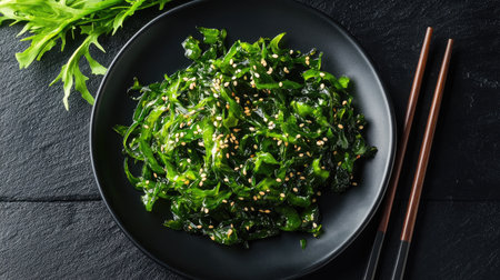A delicious and healthy wakame seaweed salad with sesame seeds, served on a black plate, with chopsticks resting beside it.の素材