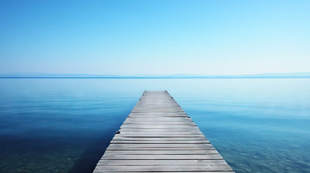 A quiet wooden pier extending out to the horizon, surrounded by the tranquil, still waters of the ocean.の素材