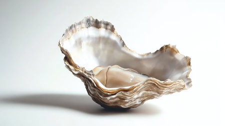 A detailed look at an oyster in its rough shell, freshly opened to reveal the delicate seafood inside, placed on a pure white background.の素材