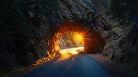 A serene yet eerie road leading through a natural rocky tunnel, with light shining brightly at the end.の素材