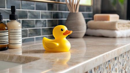 A yellow rubber toy duck on a tiled bathroom countertop with bath essentials like shampoo and soap visible in the backgroundの素材